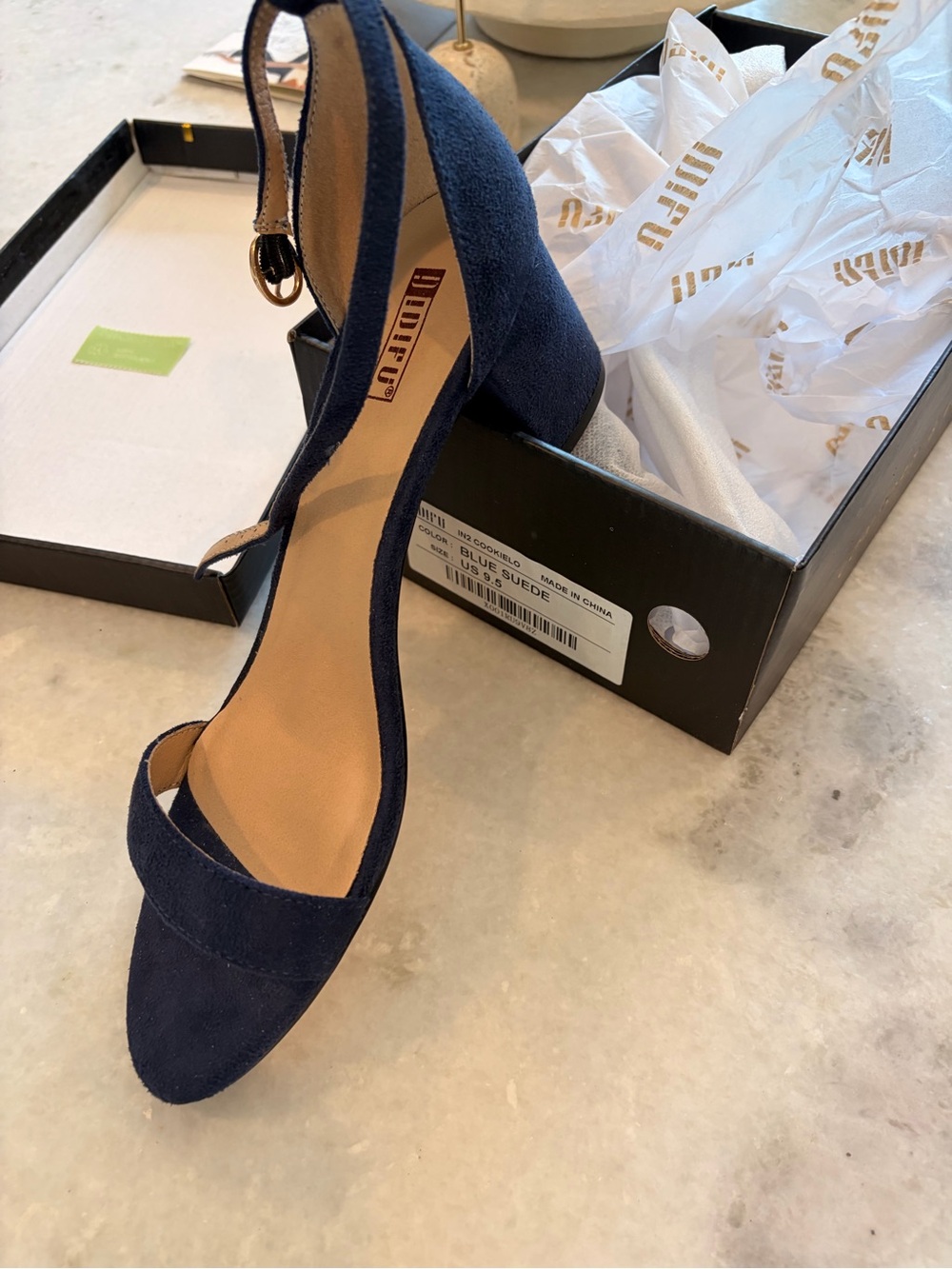 Blue Suede Ankle-Strap Block Heel Sandals - Women's